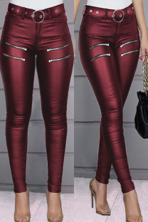 Burgundy Casual Solid Patchwork Zipper Skinny High Waist Pencil Solid Color Trousers (Without Belt)