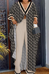 Apricot Street Print Patchwork Frenulum Buttons V Neck Plus Size Two Pieces