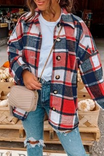 Red Casual Plaid Buttons Shirt Collar Outerwear (Subject To The Actual Object)