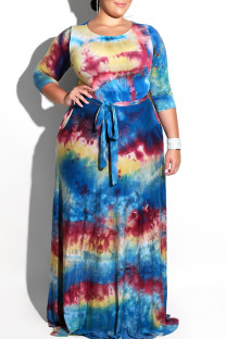 Blue Casual Print Bandage Patchwork O Neck Printed Dress Plus Size Dresses