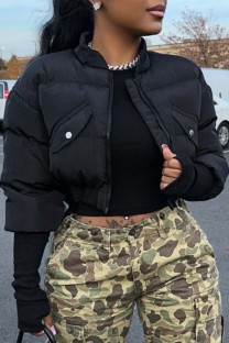 Black Casual Solid Patchwork Zipper Collar Outerwear
