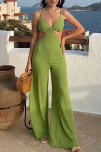 Green Sexy Casual Solid Backless V Neck Regular Jumpsuits