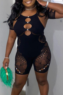 Black Sexy Solid Ripped Patchwork Hot Drill O Neck Skinny Jumpsuits