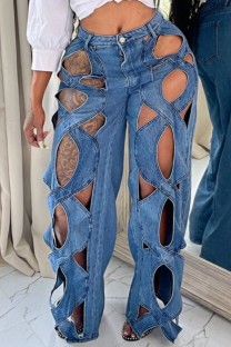 Blue Casual Solid Hollowed Out Patchwork High Waist Regular Denim Jeans