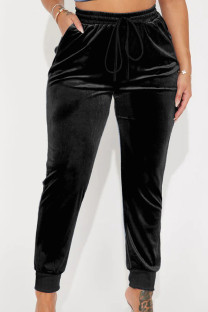 Black Casual Solid Patchwork Draw String Pocket Regular Mid Waist Conventional Solid Color Bottoms