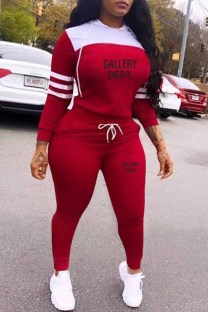 Red Casual Print Patchwork Letter Hooded Collar Long Sleeve Two Pieces