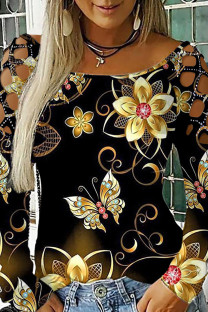 Black Yellow Casual Print Hollowed Out O Neck Tops
