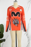 Orange Print Patchwork O Neck Tops