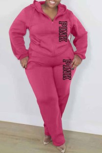 Rose Red Casual Print Letter Hooded Collar Plus Size Two Pieces