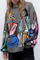 Grey Casual Print Patchwork O Neck Tops