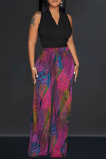 Black Elegant Print Bandage Patchwork V Neck Sleeveless Two Pieces