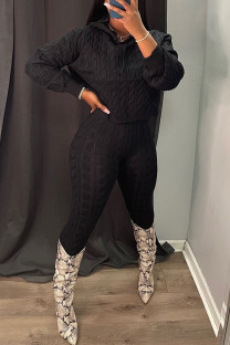Black Casual Solid Patchwork Hooded Collar Long Sleeve Two Pieces