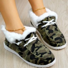 Army Green Casual Patchwork Printing Round Keep Warm Comfortable Out Door Flats Shoes