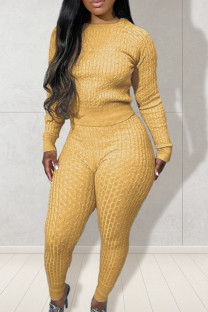 Yellow Casual Solid Patchwork O Neck Long Sleeve Two Pieces
