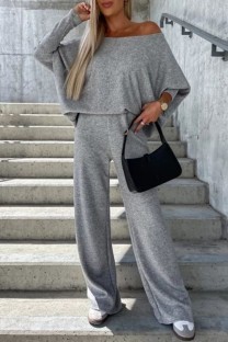 Grey Casual Print Solid Basic Oblique Collar Two Pieces