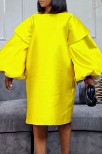 Yellow Casual Solid Basic O Neck Long Sleeve Dresses