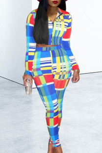 Multi-color Casual Print Patchwork Zipper O Neck Long Sleeve Two Pieces