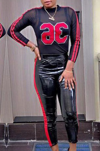 Black Elegant Letter Patchwork O Neck Long Sleeve Two Pieces