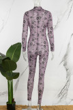 Pink Sexy Print Patchwork See-through Half A Turtleneck Skinny Jumpsuits