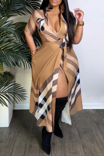 Apricot Brown Casual Daily Plaid Bandage Printing Turndown Collar Short Sleeve Dress Dresses