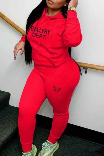 Red Casual Print Letter Hooded Collar Long Sleeve Two Pieces