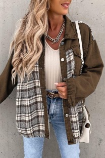 Brown Casual Plaid Patchwork Turndown Collar Long Sleeve Regular Denim Jacket