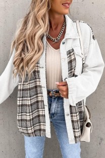White Casual Plaid Patchwork Turndown Collar Long Sleeve Regular Denim Jacket