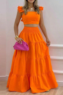 Tangerine Red Elegant Solid Patchwork Boat Neck Sleeveless Two Pieces