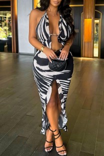 Black White Sexy Print Bandage Backless Slit Halter Sleeveless Dress Dresses