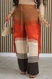 Brown Red Casual Patchwork Tassel Contrast Regular High Waist Conventional Patchwork Trousers