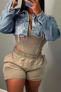 Blue Casual Solid Patchwork Turndown Collar Long Sleeve Denim Jacket