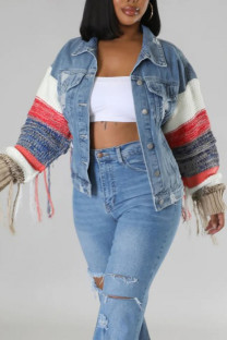 Blue Street Color Block Tassel Ripped Patchwork Pocket Buckle Turndown Collar Long Sleeve Straight Denim Jacket