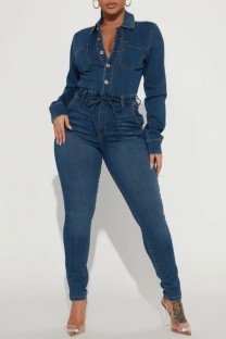 Deep Blue Casual Solid Patchwork Turndown Collar Long Sleeve Skinny Denim Jumpsuits