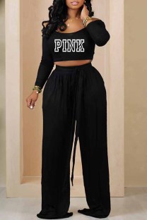 Black Casual Print Letter U Neck Long Sleeve Two Pieces