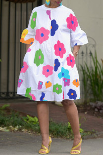 White Casual Print Patchwork Buttons O Neck Shirt Dress Dresses