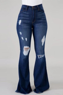 Dark Blue Fashion Casual Solid Ripped High Waist Regular Denim Jeans