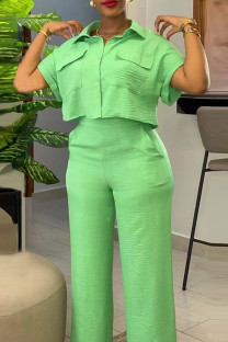 Green Sweet Solid Patchwork Pocket Buckle Shirt Collar Short Sleeve Two Pieces