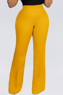 Yellow Casual Solid Basic Regular High Waist Conventional Solid Color Trousers