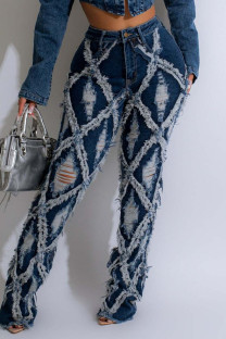 Blue Sexy Solid Ripped Patchwork Buttons Zipper High Waist Boot Cut Denim Jeans