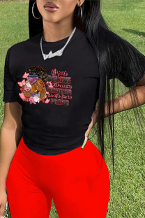 Black Daily Vintage Print Patchwork O Neck T-Shirts