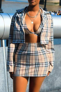 Khaki Sexy Plaid Patchwork Cardigan Collar Long Sleeve Three Pieces