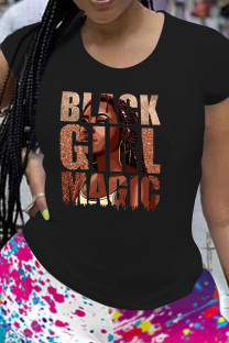 Black Casual Print Patchwork O Neck T-Shirts