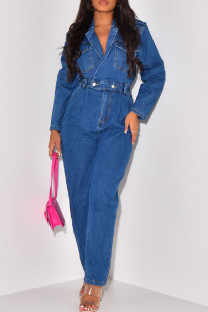 The cowboy blue Casual Solid Patchwork Turndown Collar Long Sleeve Regular Denim Jumpsuits
