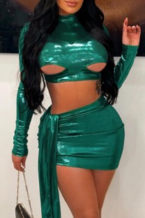 Green Sexy Casual Solid Hollowed Out Turtleneck Long Sleeve Two Pieces
