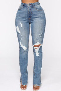 Blue Street Solid Ripped Patchwork Buttons Slit Zipper Mid Waist Boot Cut Denim Jeans