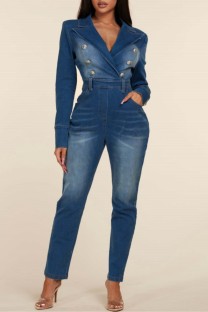The cowboy blue Casual Solid Patchwork Turndown Collar Regular Denim Jumpsuits