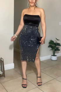 Black Sexy Daily Party Elegant Slit Hot Drill Strapless Sleeveless Two Pieces