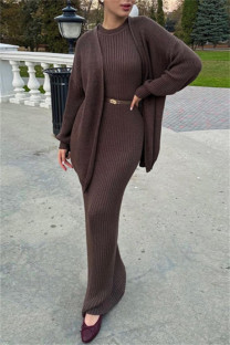Dark Brown Casual Solid Cardigan O Neck Long Sleeve Two Pieces (Without Belt)