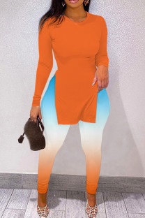 Orange Casual Print Slit O Neck Long Sleeve Two Pieces