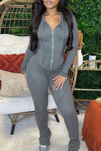 Grey Casual Solid Patchwork Draw String Zipper Hooded Collar Long Sleeve Two Pieces